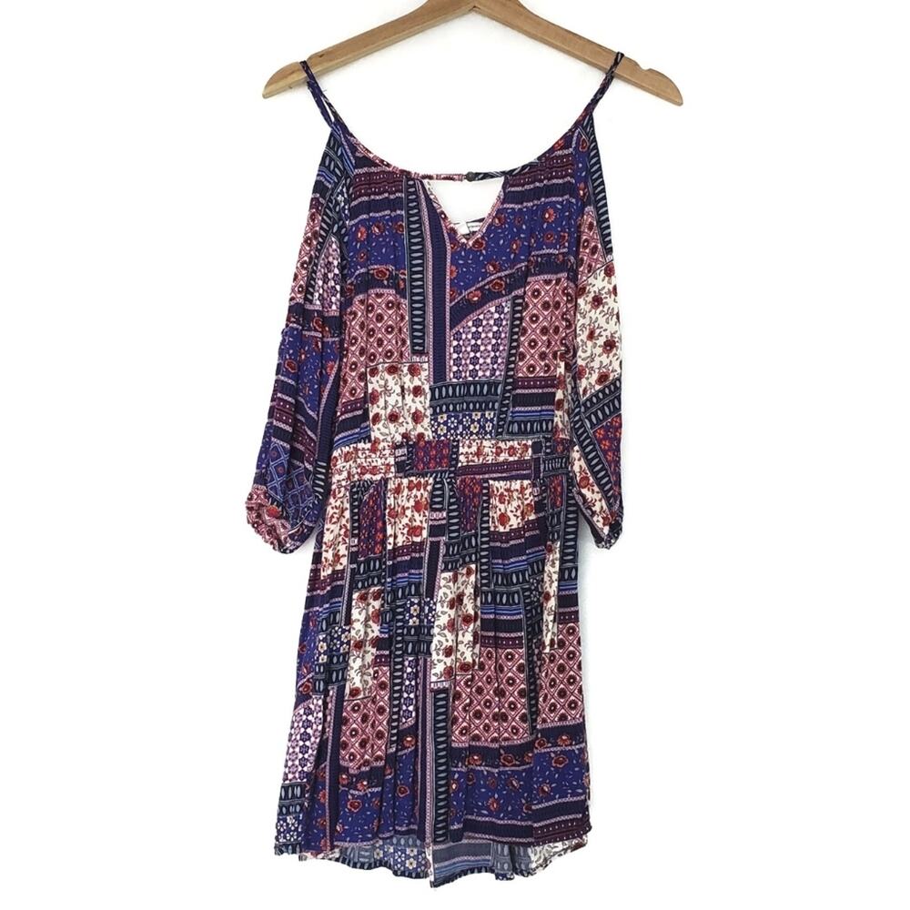 Aeo | Strappy Cold Shoulder Boho Patchwork Dress - image 3